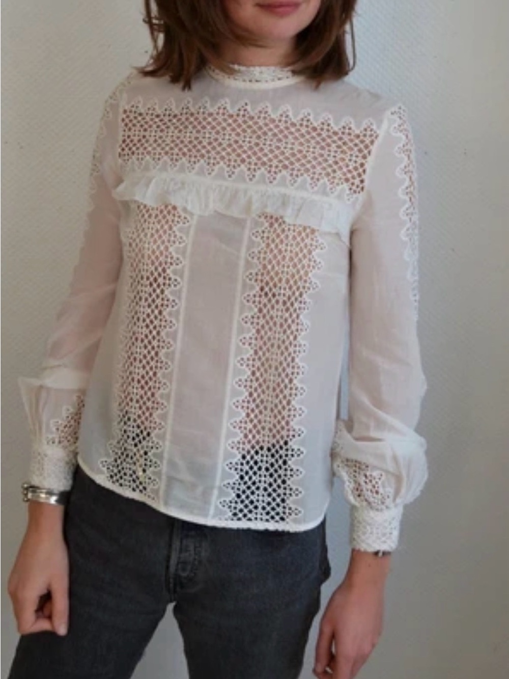 Self Portrait Silk Blend Delicate White Lace Sheer W/Panel Long-Sleeve Top (6)